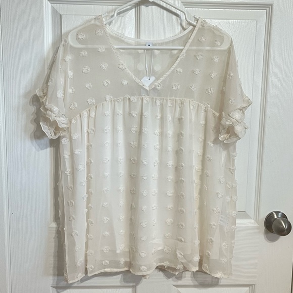 TLULY Polka Dot Sheer V-Neck Empire Waist Top - Picture 8 of 8